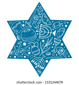Hanukkah composition. Traditional objects in the star shape form. Hand drawn outline vector sketch illustration. Blue on white background