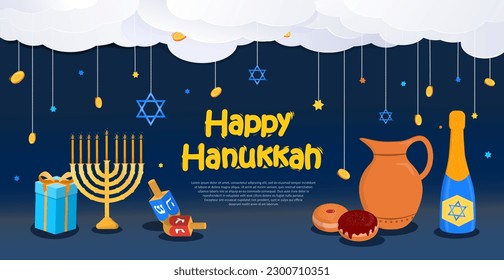 Hanukkah dark banner. Traditional Jewish holiday and festival. Design element for greeting postcard. Menorah, david star and bokeh effect. Wine and donuts. Cartoon flat vector illustration