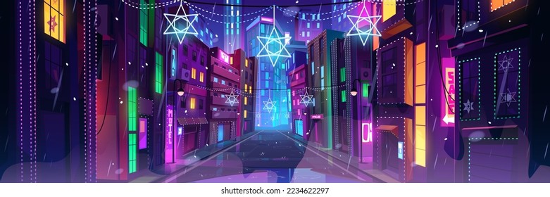 Hanukkah decoration on city street at night. Urban landscape with houses and skyscrapers with glowing windows and bright stars of david, vector cartoon illustration