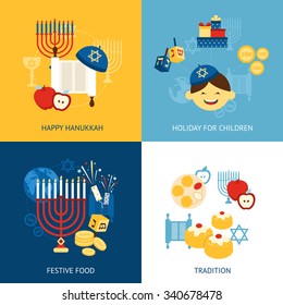 Hanukkah design concept set with religious tradition flat icons set isolated vector illustration