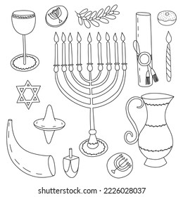 Hanukkah design elements doodle set. Menorah, candles, dreidel, coins, oil pitcher,  sufganiyan and Jewish star vector illustration