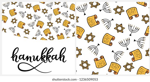 Hanukkah Design Elements in doodle style. Traditional attributes of the menorah, Torah, star of David. Seamless pattern, hand lettering