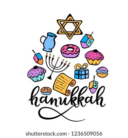 Hanukkah Design Elements in doodle style. Traditional attributes of the menorah, dreidel, oil, Torah, donut. hand lettering