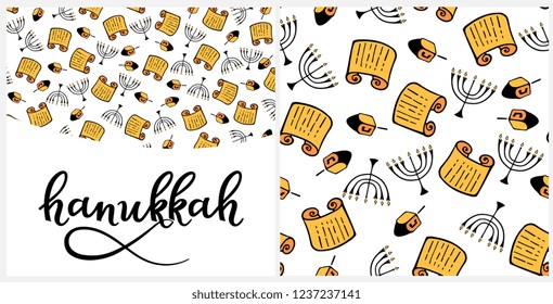 Hanukkah Design Elements in doodle style. Traditional attributes of the menorah, Torah, dreidel. Seamless pattern, hand lettering