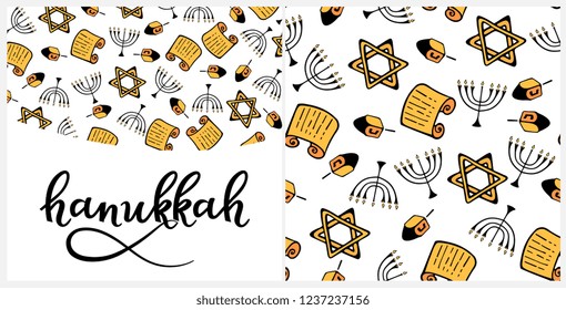 Hanukkah Design Elements in doodle style. Traditional attributes of the menorah, Torah, star of David, dreidel. Seamless pattern, hand lettering