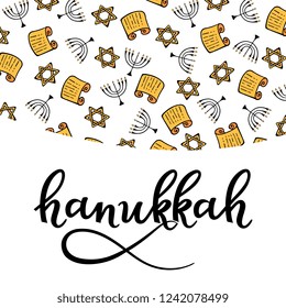 Hanukkah Design Elements in doodle style. Traditional attributes of the menorah, Torah, star of David. hand lettering