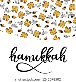 Hanukkah Design Elements in doodle style. Traditional attributes of the menorah, Torah, dreidel. hand lettering