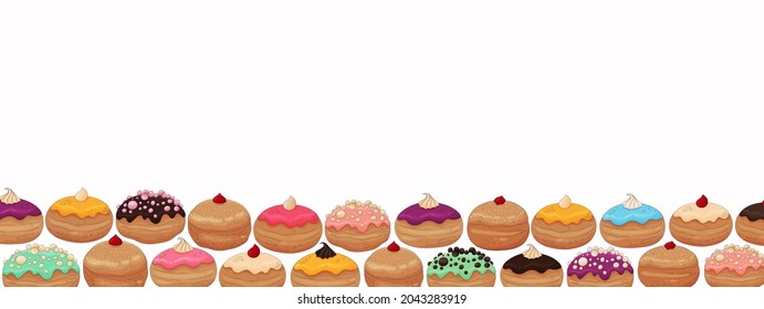 Hanukkah donuts background. Jewish trditional Hanukkah sweets border. Doughnuts banner. Sufganiyot donuts isolated on blue backdrop. Happy Hanukkah food frame. Jewish holiday. Sufganiyot background.