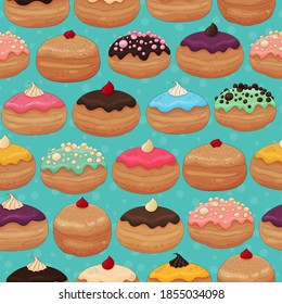 Hanukkah donuts pattern. Jewish traditional Hanukkah sweets background. Doughnuts print.  Sufganiyot donuts isolated on blue backdrop. Happy Hanukkah food texture, fabric,  textile tasty texture.
