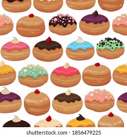 Hanukkah donuts pattern. Jewish trditional Hanukkah sweets background. Doughnuts print. Sufganiyot donuts isolated on blue backdrop. Happy Hanukkah food texture, fabric, textile tasty texture. 
