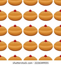 Hanukkah donuts pattern. Jewish trditional Hanukkah sweets background. Doughnuts print. Sufganiyot donuts isolated on blue backdrop. Happy Hanukkah food texture, fabric, textile tasty texture.