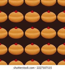 Hanukkah donuts pattern. Jewish trditional Hanukkah sweets background. Doughnuts print. Sufganiyot donuts isolated on blue backdrop. Happy Hanukkah food texture, fabric, textile tasty texture.