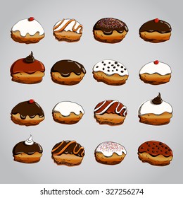 Hanukkah donuts set. Various donuts for Jewish holiday Hanukkah. Colorful elements for design. Vector illustration