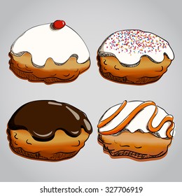 Hanukkah donuts set. Various donuts for Jewish holiday Hanukkah. Colorful elements for design. Vector illustration