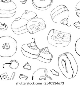 Hanukkah donuts Vector sin patrón en blanco y negro para páginas y libros para colorear de vacaciones de invierno judío. Fondo de rosquillas sufganiyot dibujado a mano para paquetes festivos y papel de deformación