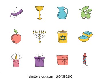 hanukkah doodles isolated on white. hanukkah icon set for web design, user interface, mobile apps and print