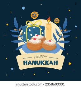 Hanukkah doughnut and candle, Jewish holiday symbols. Sweet traditional bake and gift. Greeting card