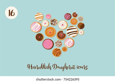 Hanukkah doughnut , Jewish holiday symbol. sweet traditional bake. vector illustration greeting card