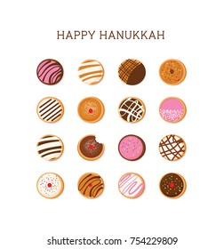 Hanukkah doughnut , Jewish holiday symbol. sweet traditional bake. vector illustration greeting card