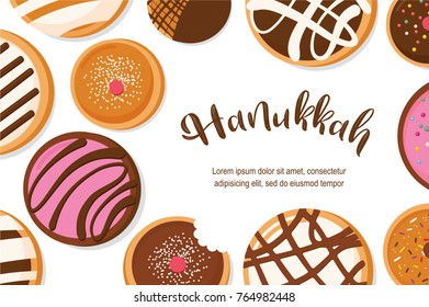 Hanukkah doughnut , Jewish holiday symbol. sweet traditional bake. vector illustration greeting card