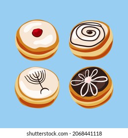 Hanukkah doughnut. Traditional Jewish holiday food set.Vector cartoon illustration. Isolated background.