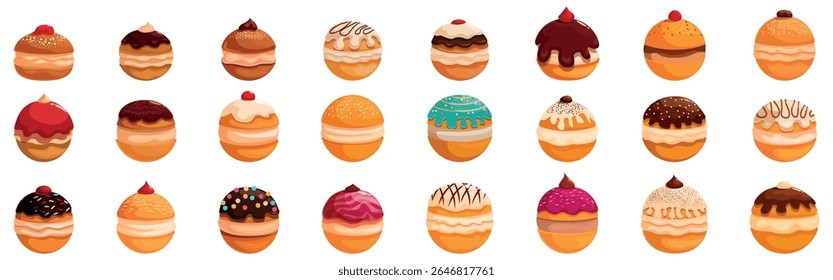 Hanukkah doughnuts icons set. Colorful sufganiyot icons showcasing a variety of delicious toppings and fillings, perfect for representing the sweet treats enjoyed during hanukkah