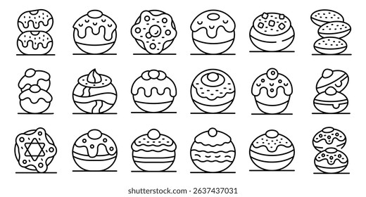 Hanukkah doughnuts icons set. Sufganiyot icons set featuring various styles of these traditional hanukkah treats, perfect for festive designs