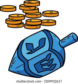 Hanukkah Dreidel and Coins Cartoon Colored Clipart