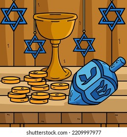 Hanukkah Dreidel, Coins and Chalice Colored 