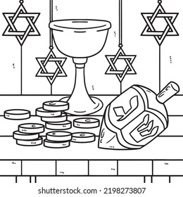 Hanukkah Dreidel, Coins and Chalice Coloring Page