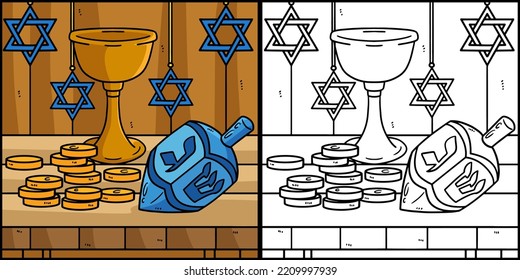 Hanukkah Dreidel, Coins and Chalice Illustration