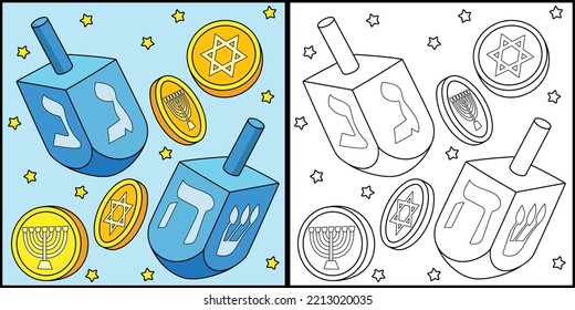 Hanukkah Dreidel and Coins Coloring Illustration