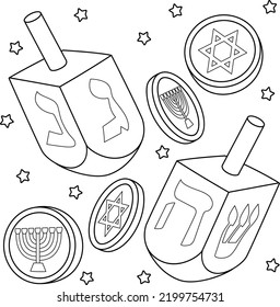 Hanukkah Dreidel And Coins Coloring Page For Kids