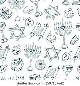 Hanukkah dreidel, doughnut, menorah hand drawn seamless pattern vector illustration . Chanukah sketches isolated on white background. David Star, torah and scroll.