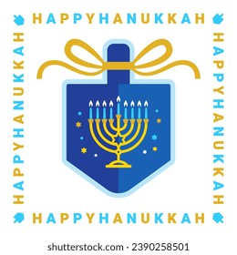 Hanukkah dreidel with Menorah. Happy Hanukkah flat design for greeting card, banner, invitation, t-shirt. Jewish Festival of Lights vector background