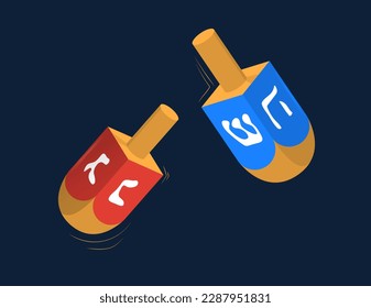 Hanukkah dreidels concept. Red and blue wooden figurines with signs. Design element for greeting and invitation postcard. Traditional Jewish holiday, Judaism. Cartoon flat vector illustration