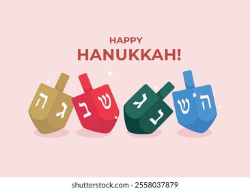 Hanukkah dreidels greeting card. Spinning wooden toys for children with letters on four sides. Traditional Jewish holiday game. Vector illustration in cartoon style.