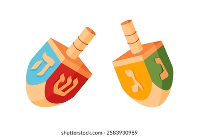 Hanukkah dreidels Hand drawn trendy flat style isolated icon. Traditional Jewish holiday wooden toy with symbolic letters on four sides, spinning game. Vector illustration