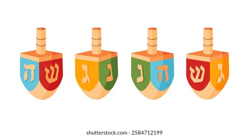 Hanukkah dreidels Hand drawn trendy flat style isolated icon. Traditional Jewish holiday wooden toy with symbolic letters on four sides, spinning game. Vector illustration