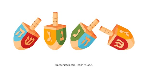 Hanukkah dreidels Hand drawn trendy flat style isolated icon. Traditional Jewish holiday wooden toy with symbolic letters on four sides, spinning game. Vector illustration