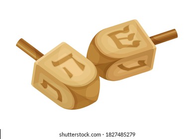 Hanukkah Dreidels with Letters of Hebrew Alphabet Vector Illustration