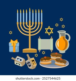 hanukkah  elements dark blue background, food, gift, menorah, dreidel, candle, festival of light, star of david, israel, jewish cuture, religion