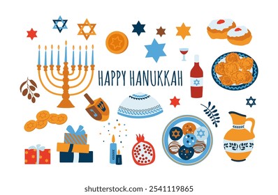  Hanukkah Elemente auf weißem Hintergrund.Traditionelles jüdisches Festtagsessen zu Ehren der Hanukkah Feiertags- und Feiertagssymbole. Stern von David, Menorah, dreidel, Kerze, Donuts, Kartoffelpfannkuchen