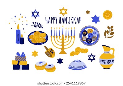  Hanukkah Elemente auf weißem Hintergrund.Traditionelles jüdisches Festtagsessen zu Ehren der Hanukkah Feiertags- und Feiertagssymbole. Stern von David, Menorah, dreidel, Kerze, Donuts, Kartoffelpfannkuchen