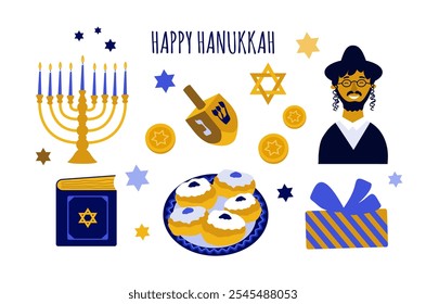 Hanukkah Elemente auf weißem Hintergrund.Traditionelle jüdische Feiertagsattribute Stern von David, menorah, dreidel, donuts, Buch, Geschenk, jüdischer Mann