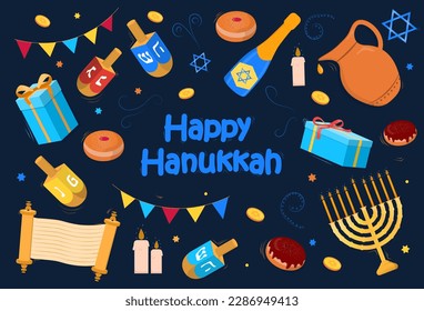 Elementos Hanukkah establecidos. Colección de bebidas y comida tradicional israelí. Cultura, vacaciones y festival. Menorah, amarre y aceite. Ilustraciones de caricaturas de vectores planos aisladas en fondo negro