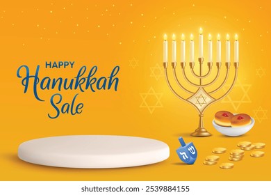 Elemente des Hanukkah Festivals mit Podium auf gelbem Hintergrund. Hanukkah Shopping festliche Verkauf, Grüße Theme Konzept Design Vektor Illustration.