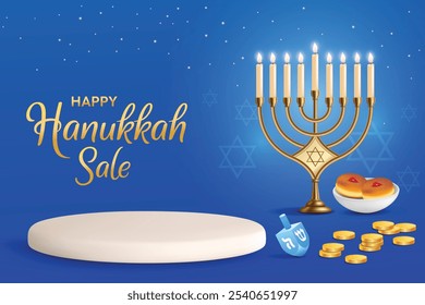 Festival De Chanucá Elementos Com Pódio Sobre Fundo Azul Escuro. Hanukkah Compras Venda Festiva, Saudações tema conceito Design Vetor Ilustração.