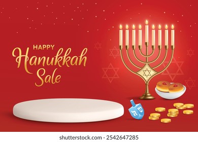 Hanukkah Festival Elements With Podium On Red Background. Hanukkah Shopping Festive Sale, Greetings Theme Concept Design Vector Illustration.