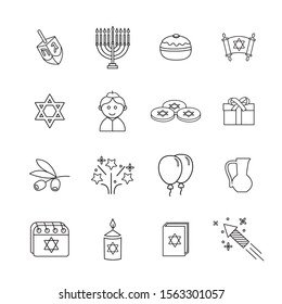 Hanukkah festival icons. Nice editable icons. Dredeil, Suganiyot, Hanukkah, Star of David, Torah, Parchment, fireworks, sailing, feast, Jewish and olive trees.